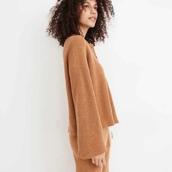 NEW Madewell (Re)sourced Cashmere Ribbed Henley Sweater Honey Chestnut Large - Picture 3 of 16